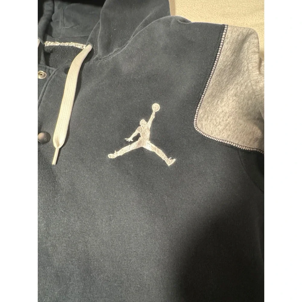 Jordan Mens Hooded Varsity Jacket Black Grey Snap Front Jumpman Fleece XL